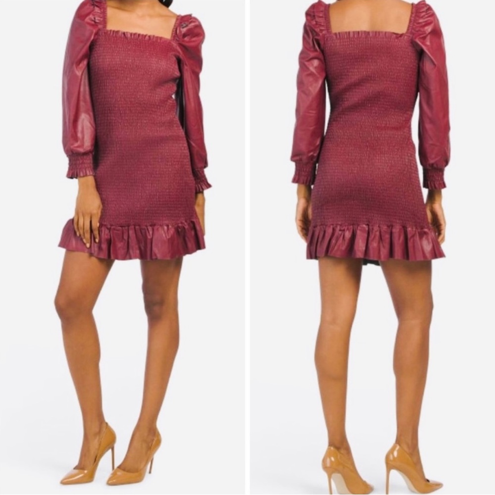 7 FOR ALL MANKIND faux puffed sleeves smocked body mini leather dress